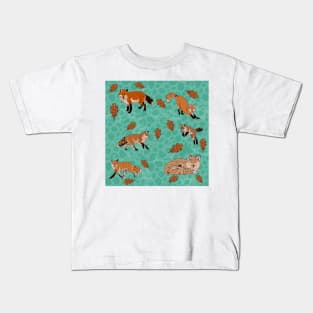 Red Foxes in Teal Kids T-Shirt